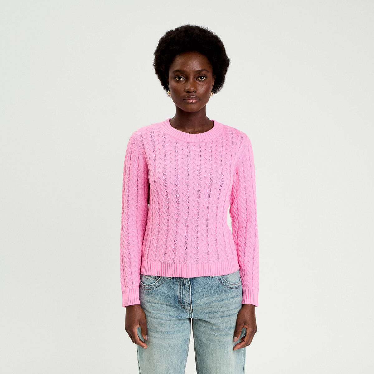 Pull torsad&eacute; rose femme