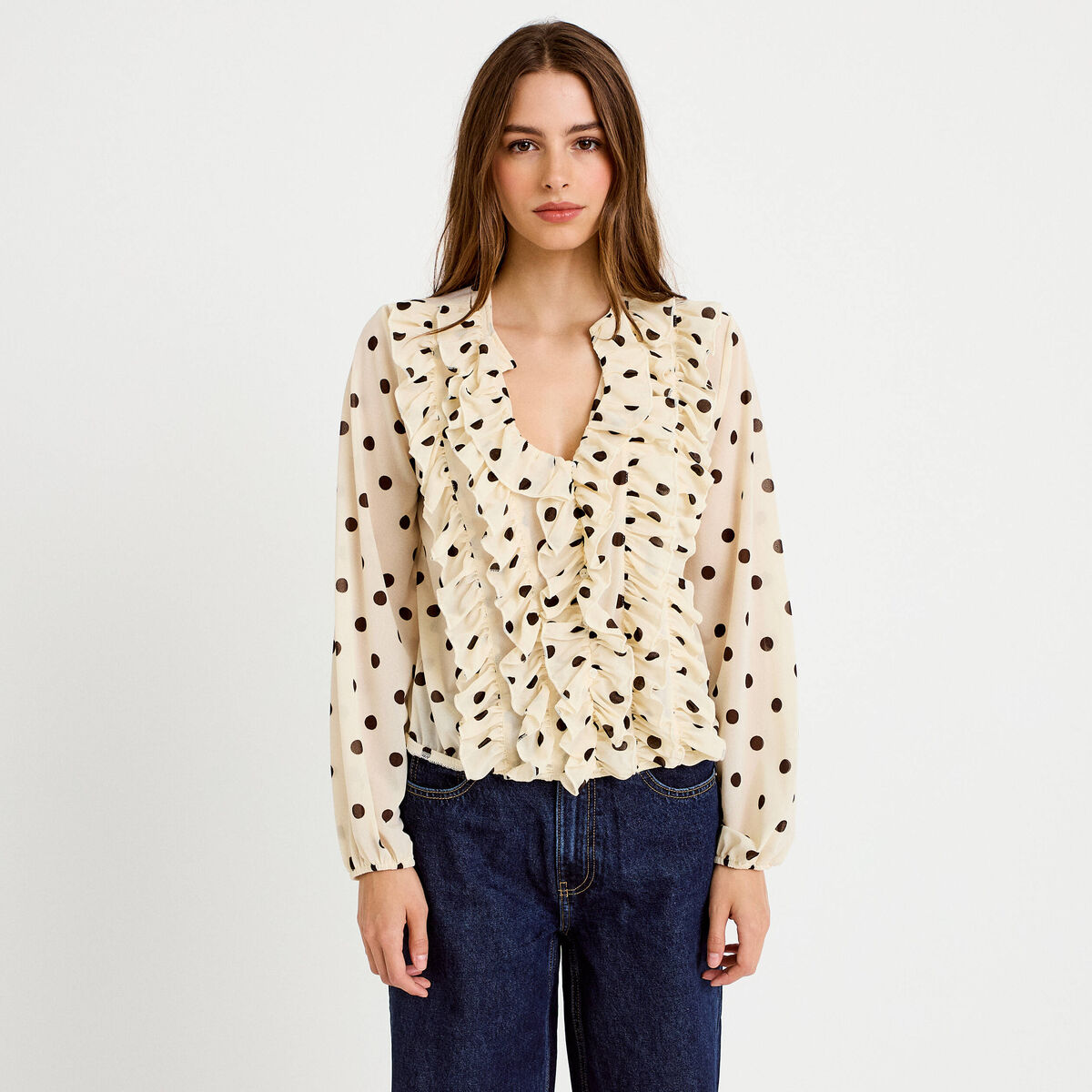 Blouse droite col v manches longues blanc femme