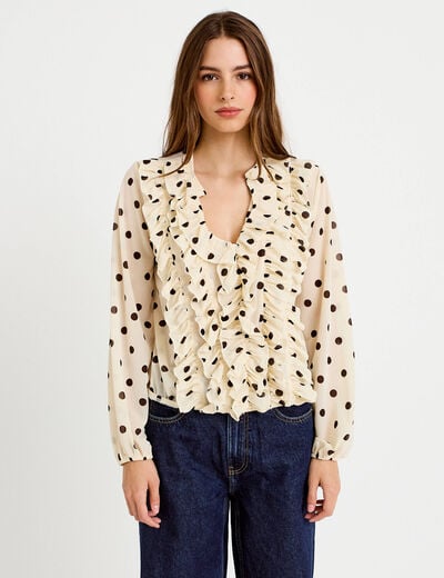 Blouse droite col v manches longues blanc femme