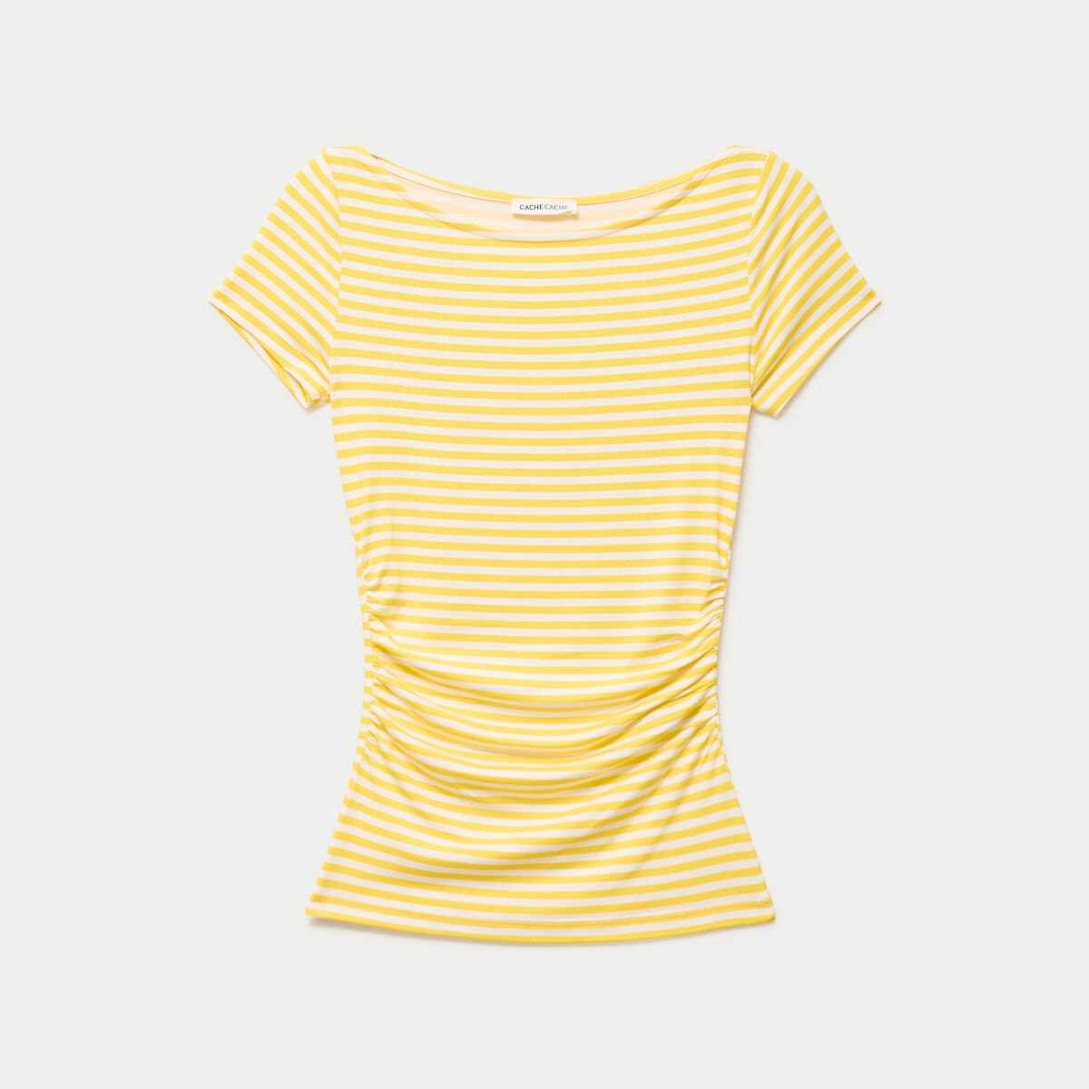 Top ajust&eacute; col bateau manches courtes jaune pastel femme