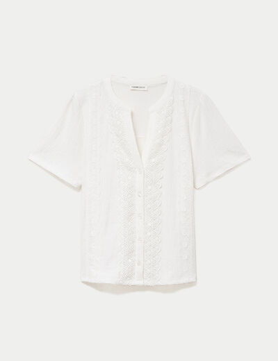 Blouse plastron brod&eacute; manches courtes ecru femme