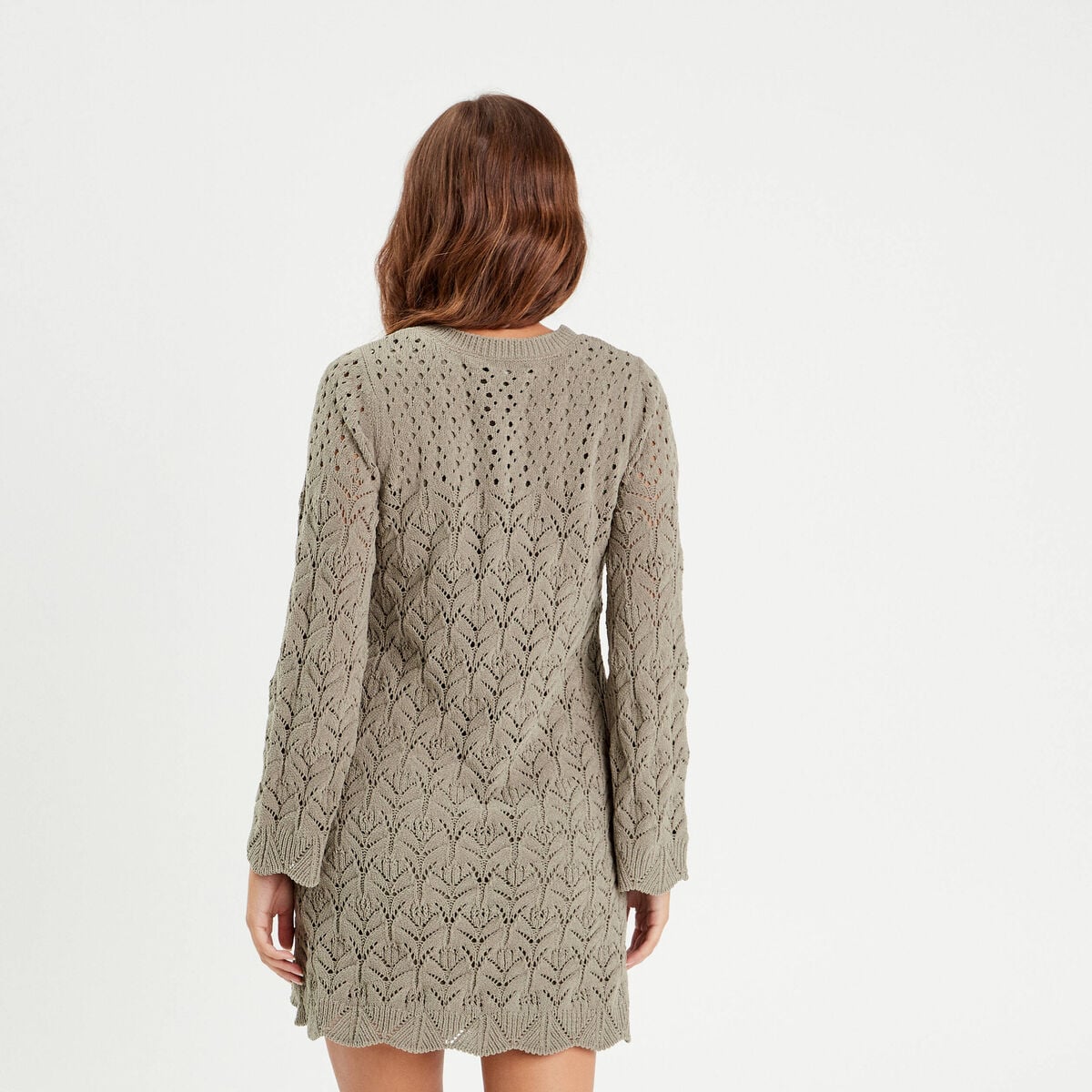 Robe tricot &eacute;vas&eacute;e ajour&eacute;e vert kaki femme