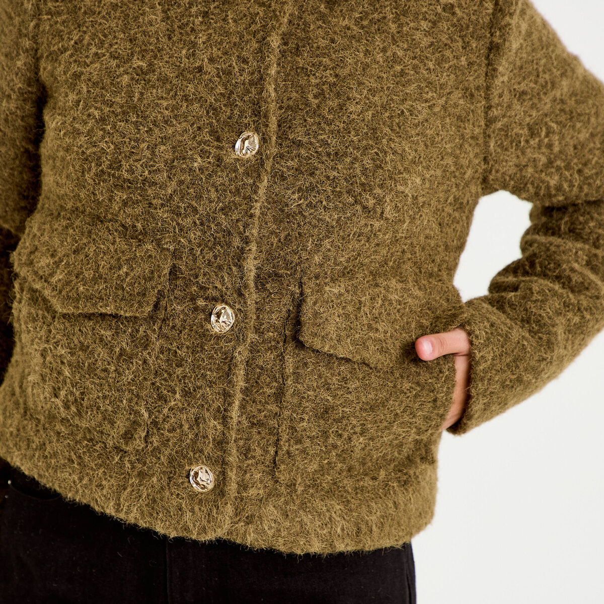 Veste droite bouclette col classique vert kaki femme