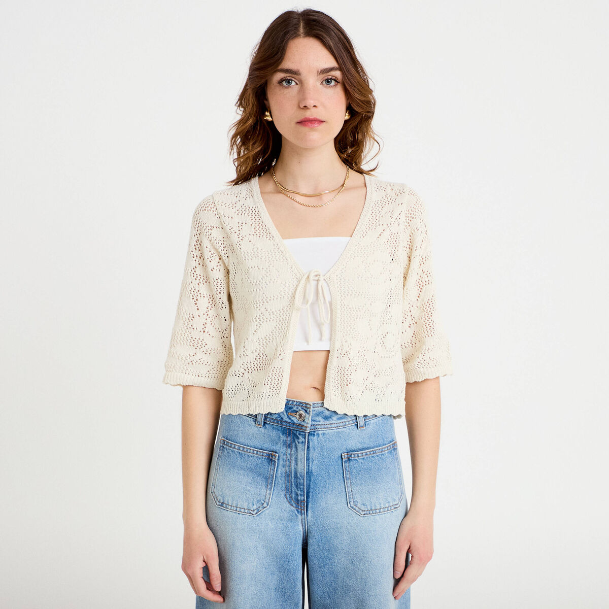 Gilet col v manches 3/4 aspect dentelle ecru femme
