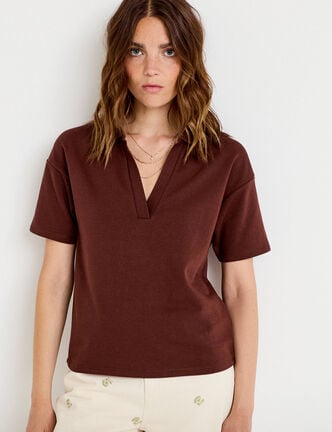 Sweat col chemise manches courtes marron femme