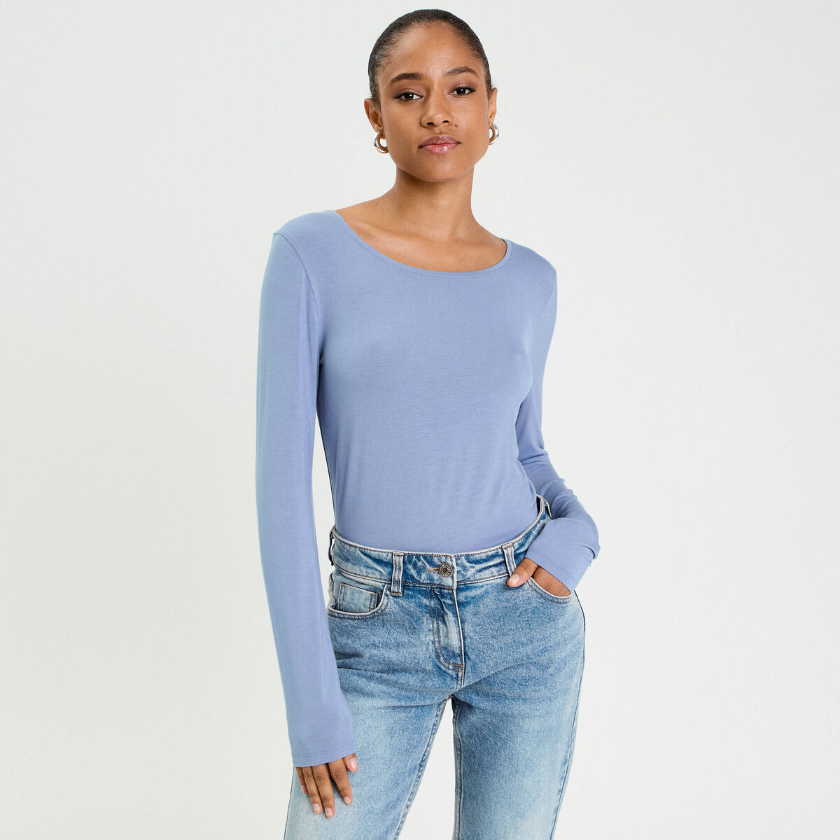 T-shirt uni &agrave; manches longues bleu gris femme