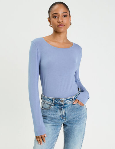 T-shirt uni &agrave; manches longues bleu gris femme
