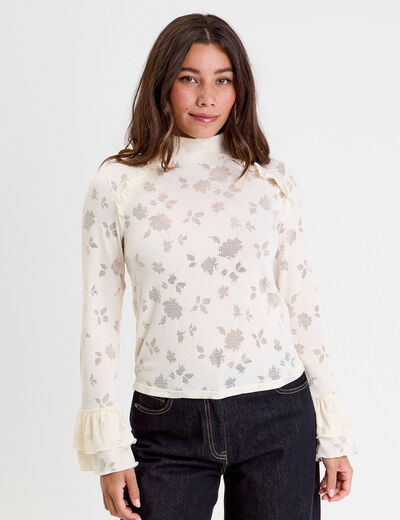 Blouse ajour&eacute;e col montant dentelle ivoire femme
