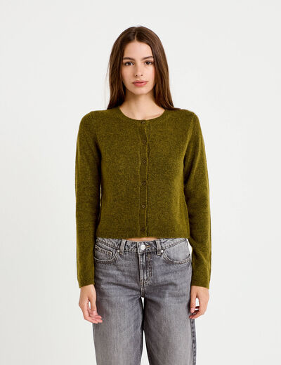Gilet boutonn&eacute; manches longues vert olive femme