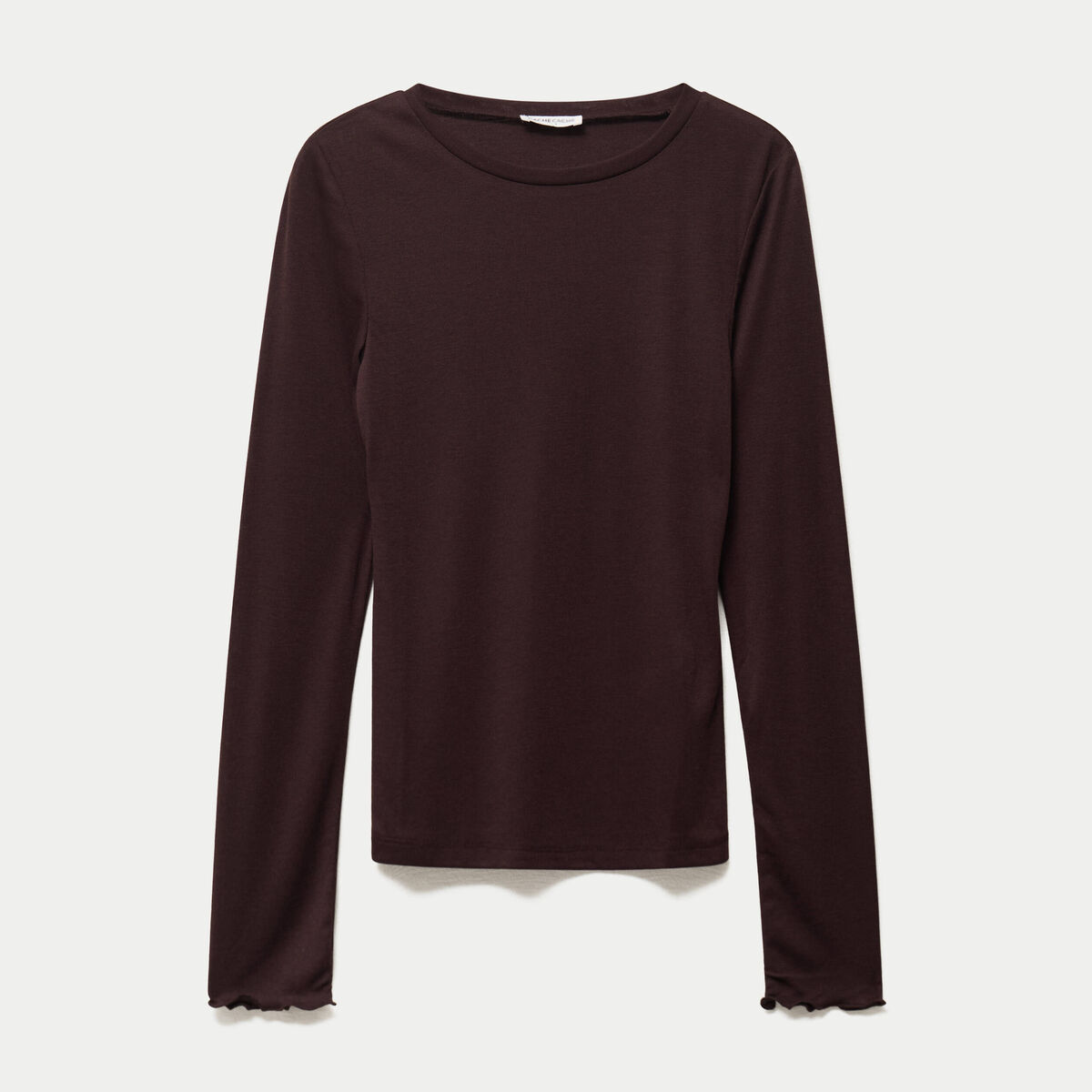 T-shirt ajust&eacute; col rond manches longues marron fonc&eacute; femme