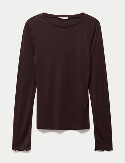 T-shirt ajust&eacute; col rond manches longues marron fonc&eacute; femme