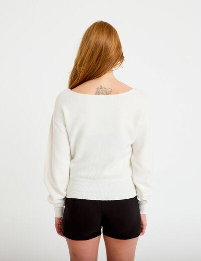 Pull col bateau manches longues ecru femme