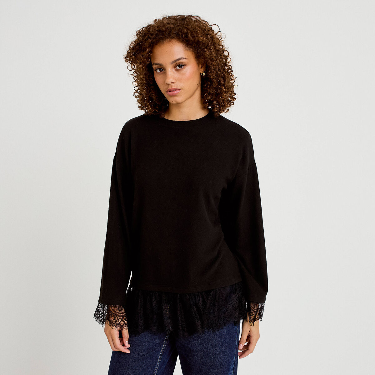 T-shirt manches longues avec dentelle noir femme