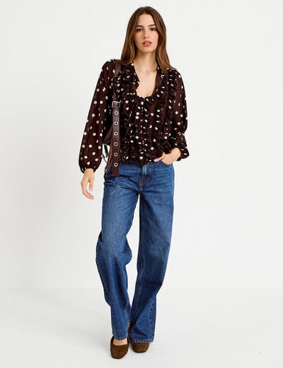 Blouse droite col v manches longues marron femme