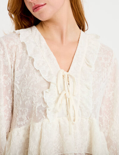 Blouse col v manches longues ecru femme