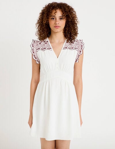 Robe courte &eacute;vas&eacute;e col v manches courtes blanc femme