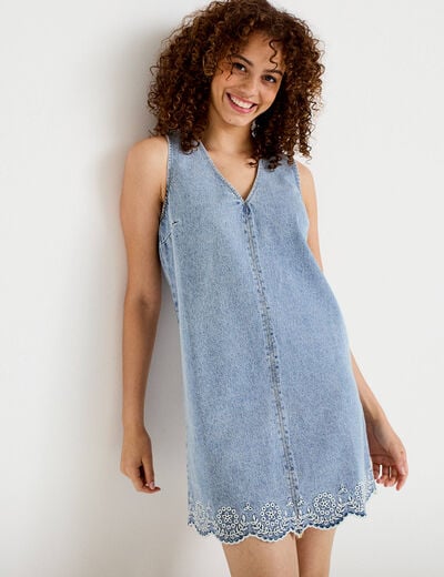 Robe courte &eacute;vas&eacute;e en jean sans manches denim bleach femme