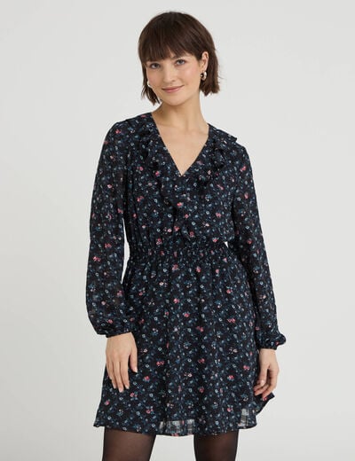 Robe courte &eacute;vas&eacute;e col v manches longues noir femme