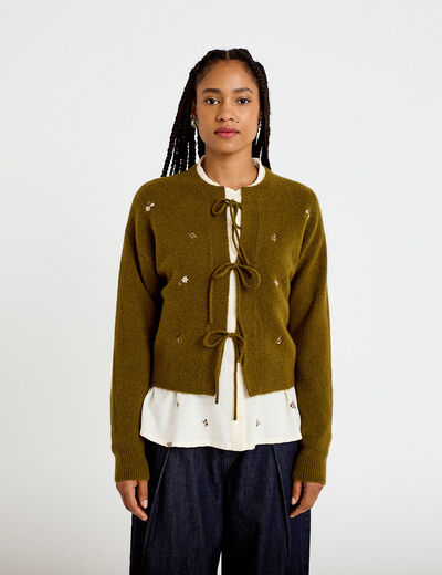 Gilet manches longues brod&eacute; noeuds vert olive femme