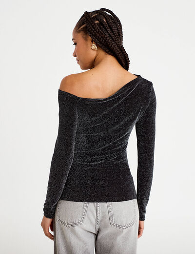 T-shirt asym&eacute;trique brillant noir femme