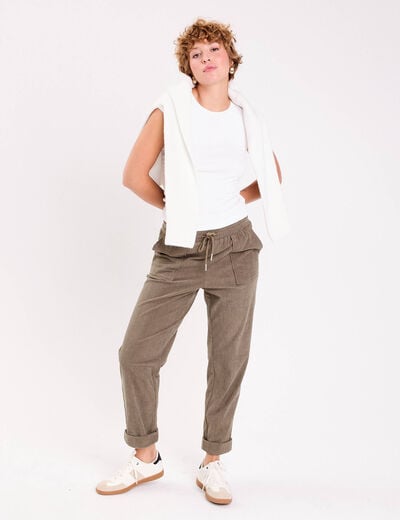 Pantalon jogging velours vert kaki femme