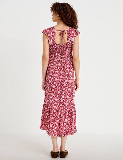 Robe longue &eacute;vas&eacute;e smock&eacute;e rouge femme
