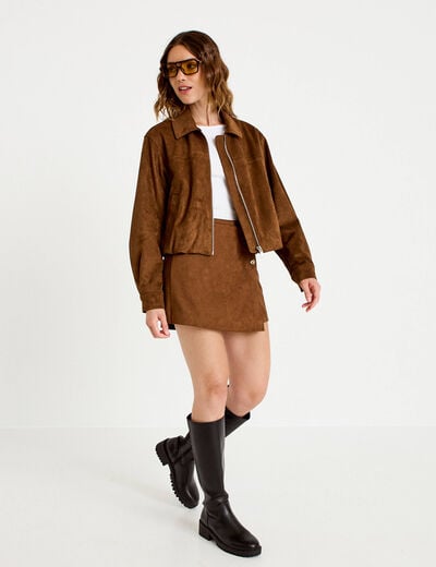 Jupe-short courte aspect daim marron femme