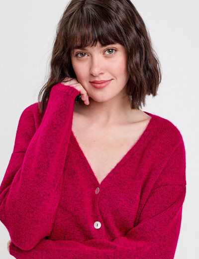Gilet boutonn&eacute; avec col en V rose fushia femme