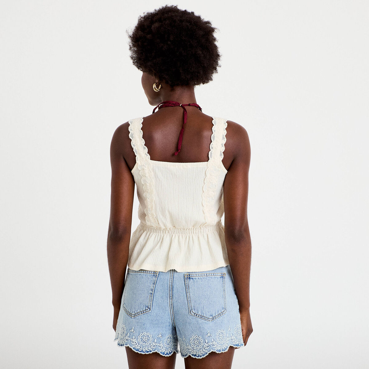 Top droit court sans manches dentelle ecru femme