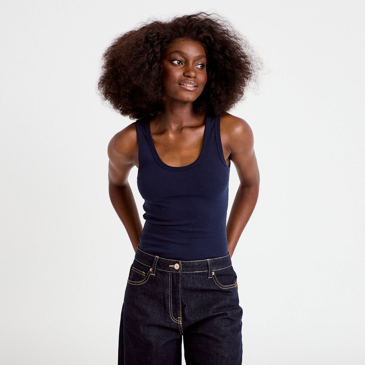 D&eacute;bardeur c&ocirc;tel&eacute; col rond bleu marine femme