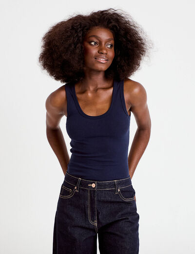 D&eacute;bardeur c&ocirc;tel&eacute; col rond bleu marine femme