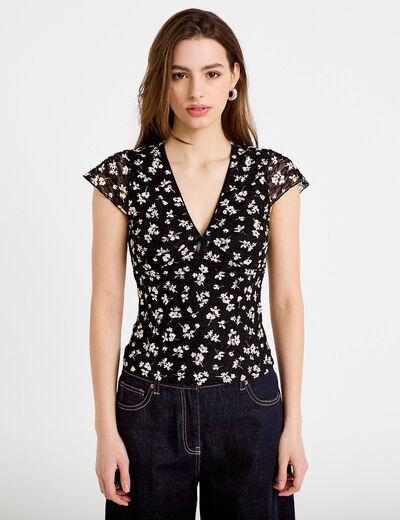 T-shirt ajust&eacute; court d&eacute;collet&eacute; dentelle noir femme
