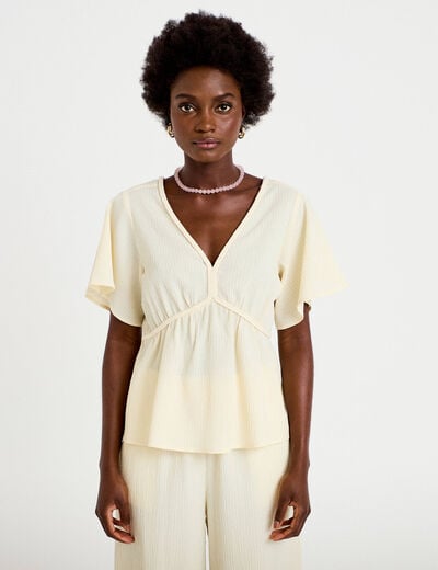 Blouse pliss&eacute;e col v manches courtes ecru femme