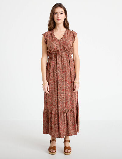 Robe longue &eacute;vas&eacute;e col v manches courtes rouge fonc&eacute; femme