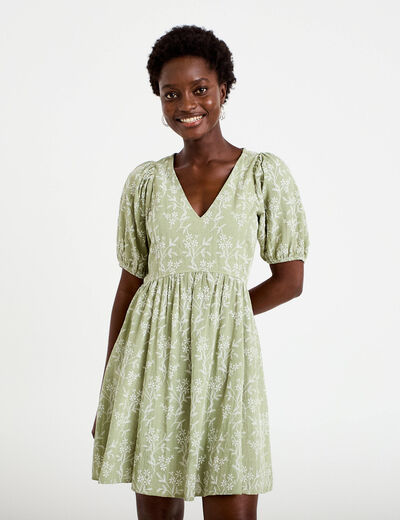 Robe droite courte col v manches courtes vert femme