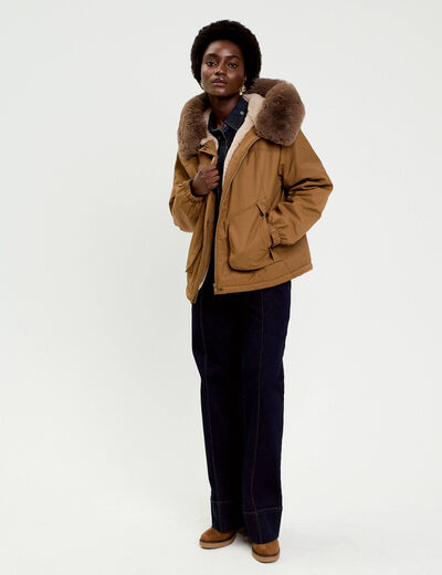 Parka col fausse fourrure amovible marron fonc&eacute; femme