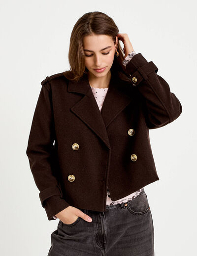 Trench court boutonn&eacute; marron fonc&eacute; femme