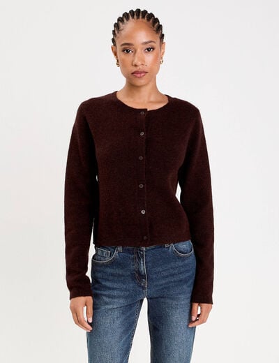 Gilet boutonn&eacute; manches longues marron fonc&eacute; femme