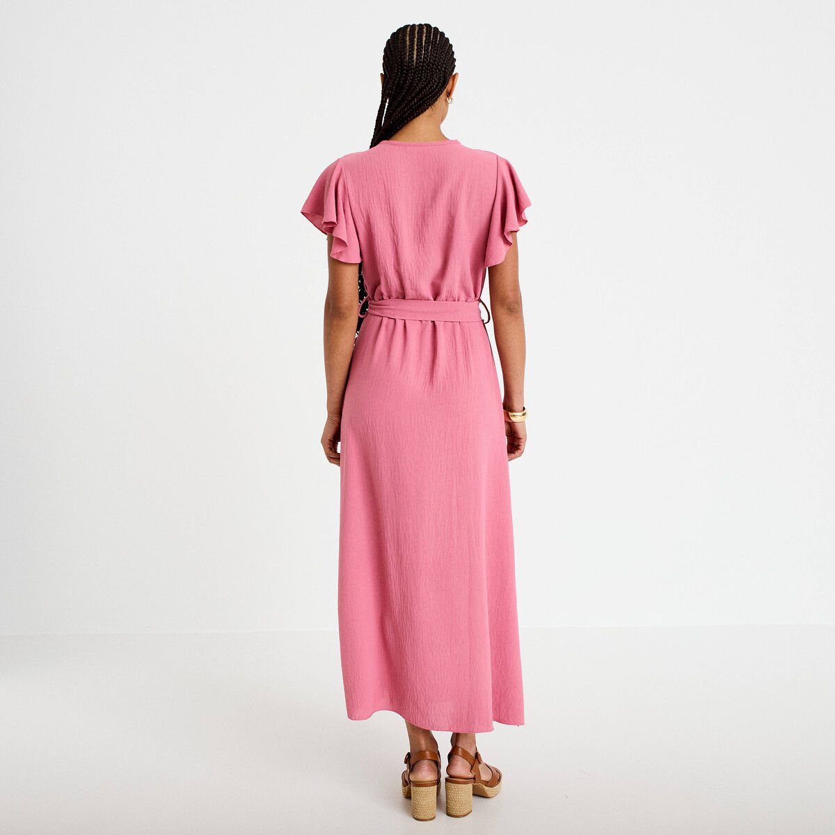 Robe longue &eacute;vas&eacute;e manches courtes vieux rose femme