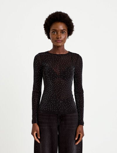 T-shirt ajust&eacute; col rond manches longues noir femme