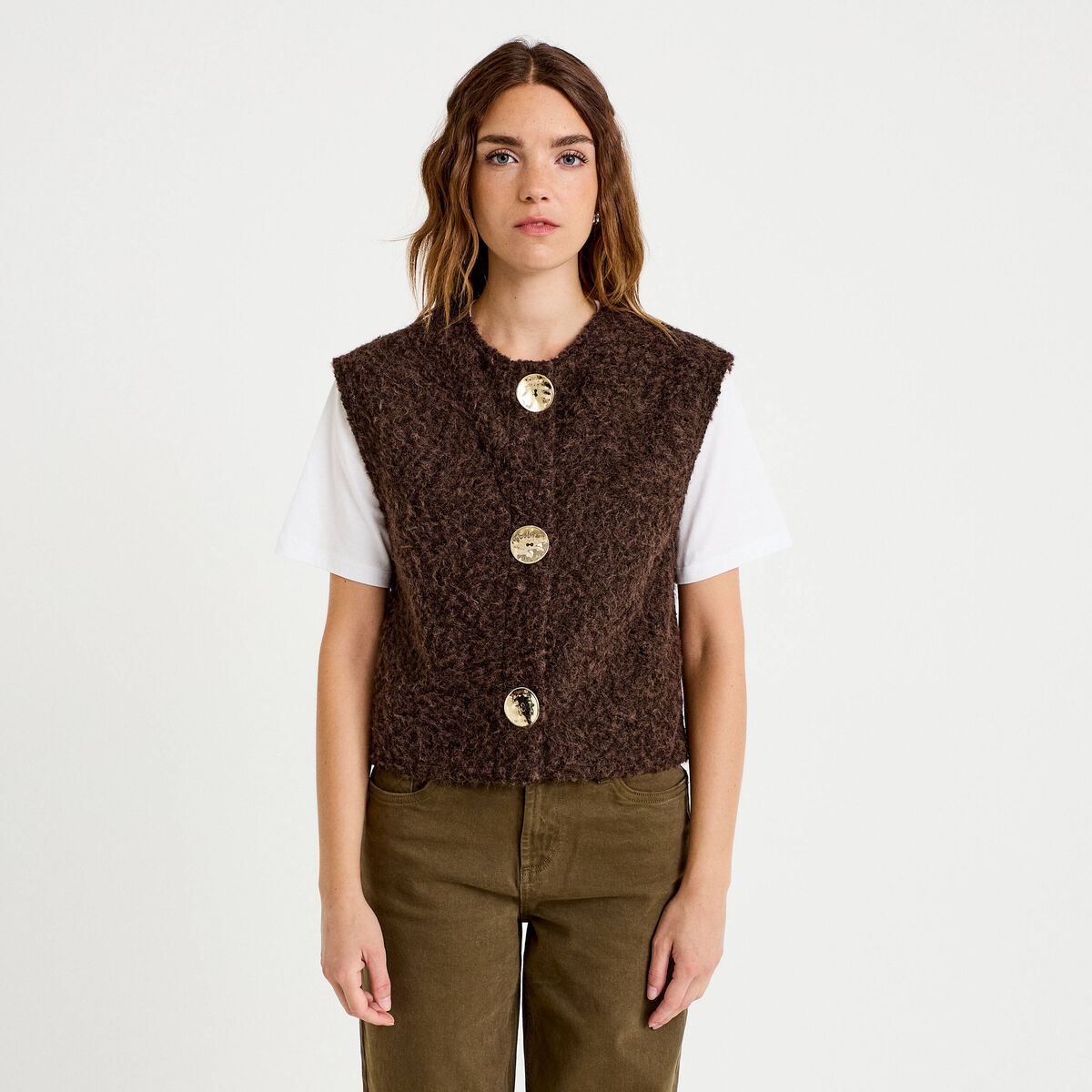 Gilet sans manches effet polaire marron fonc&eacute; femme
