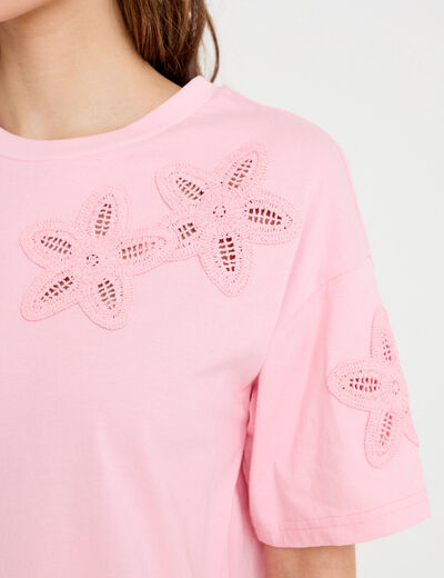T-shirt col rond manches courtes rose corail femme