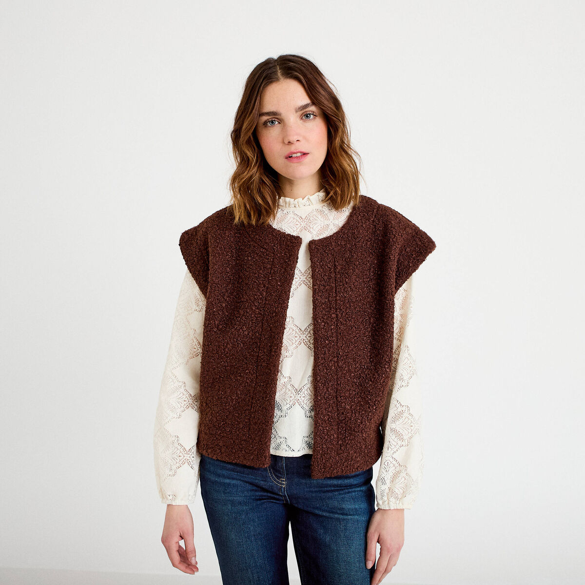 Gilet sans manches effet polaire marron fonc&eacute; femme