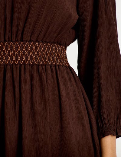 Robe courte &eacute;vas&eacute;e col v manches 3/4 marron fonc&eacute; femme