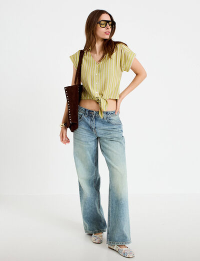 Chemise droite cropped col classique vert kaki femme