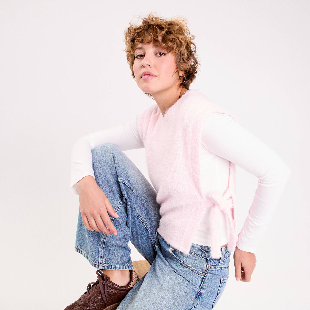 T-shirt pull sans manches 2-en-1 rose clair femme