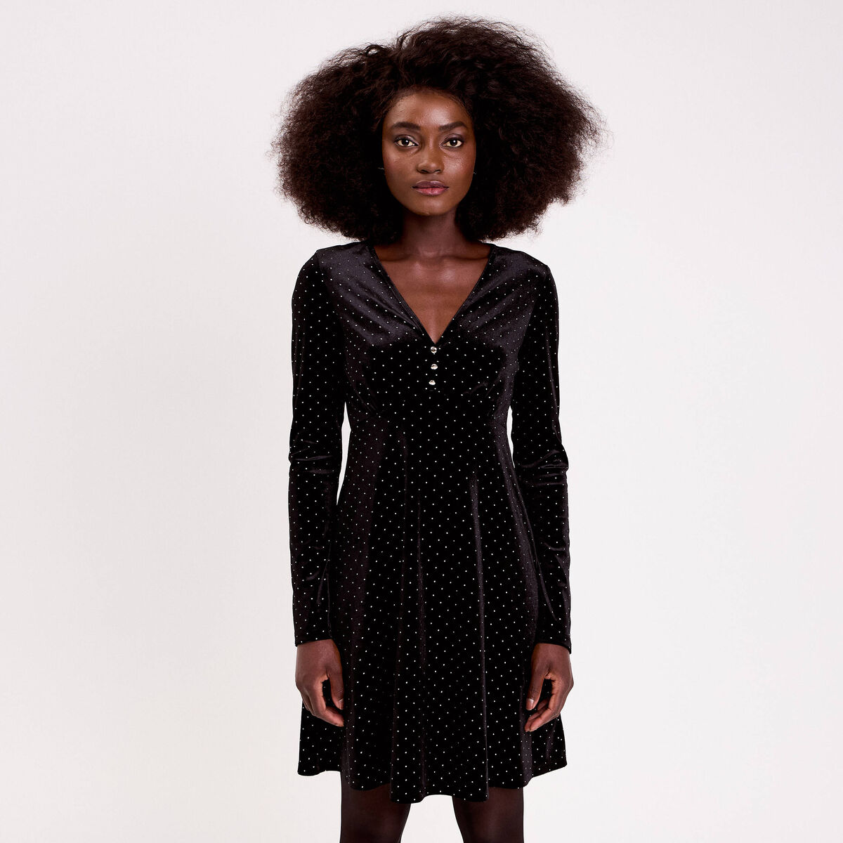Robe patineuse courte velours col v noir femme
