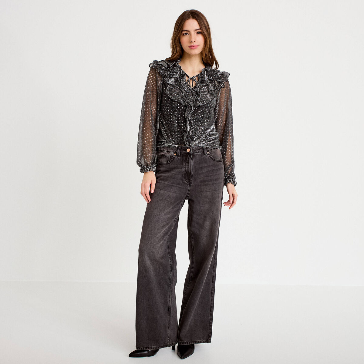 Blouse voile transparent paillet&eacute; gris argent femme
