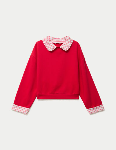 Sweat col chemise manches longues rouge femme