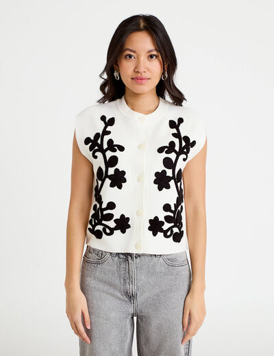 Gilet sans manches brod&eacute; col rond ecru femme